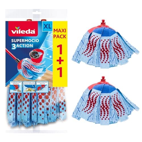 Image of Vileda SuperMocio 3Action XL Mop Refill - Pack of 2 - Fits all SuperMocio Mops- Authentic Vileda Mop Head Replacement - Machine Washable - Advanced Microfibre Technology