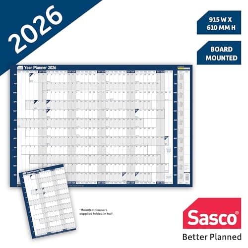 Image of Sasco 2026 Wall Planner – Board Mounted Year Calendar with Wet Wipe Pen & Stickers, 91.5x61centimeters, Blue – UK & ROI Holidays Marked – Suitable for Office, Home, and School Planning