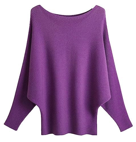 Image of FULIER Boat Neck Batwing Sleeves Dolman Knitted Sweaters and Pullovers Tops for Women One Size (Purple)
