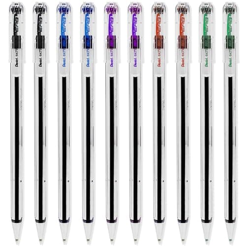 Image of Pentel Superb Ballpoint Pen Ball Point Pens 0.7mm Nib Tip 0.25mm Line Width Fine Line Refillable Ink BK77 - Pack Of 10 - Black, Blue, Violet, Red & Green Ink