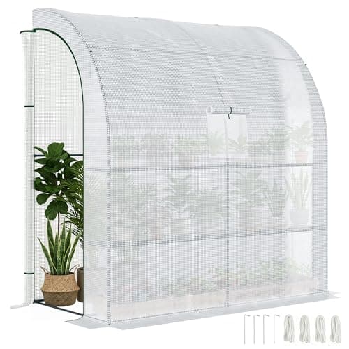 Image of Outsunny Walk-In Lean to Wall Greenhouse with Windows and Doors, Outdoor Green House with 3 Tiers 4 Wired Shelves, 200L x 100W x 215Hcm, White