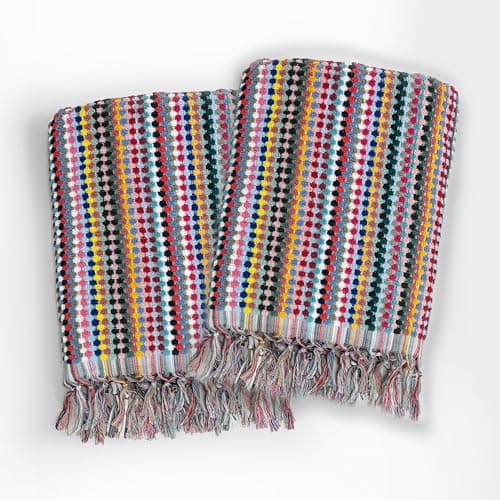 Image of Colourful Recycled Cotton Popcorn Textured Towels - 100% Recycled Yarn, Super Soft & Absorbent Large Bath Towels with Tasselled Fringe - Sustainable Multicolour Bathroom Towels (2 x Bath Sheets)