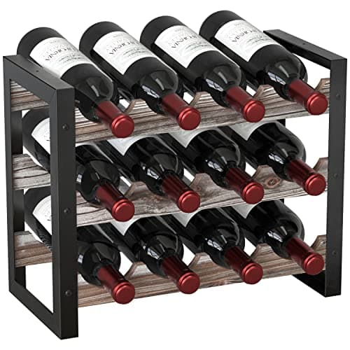 Image of J JACKCUBE DESIGN Rustic Wine Rack Freestanding Floor 3 Tier Stackable Display Storage for Counter-top 12 Glass Bottles Holder Liquor Shelf with Black Metal Frame - MK521A (Rustic Wood)