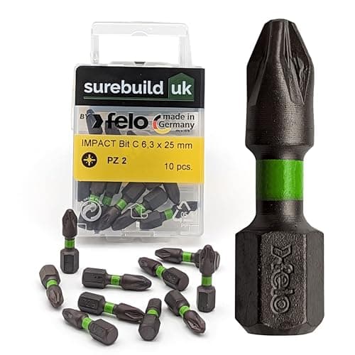 Image of Surebuild UK by FELO Made in Germany PZ2 Impact Driver Bits, 25mm Length, Pack of 10