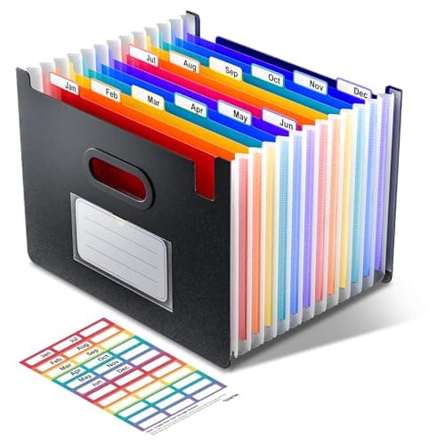 Image of ThinkTex File Organiser, 12 Pockets Expanding File Folders, Upright and Open Top, Portable Monthly Bill Receipt Organiser, Colorful Tabs, Letter/A4 Size