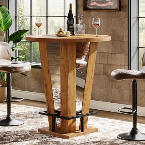 Image of Tribesigns Round Bar Table, 39.4" H High Top Cocktail Bistro Pub Table with Metal Footrest for Living Room, Small Space, Brown