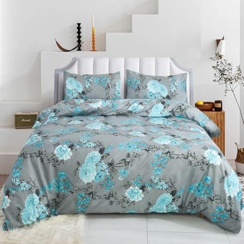 Image of CHARKHAH 4 Piece Reversible Printed Bedding Set Includes 1 Duvet Cover, 1 Deep Fitted Sheet & 2 Pillowcases – Soft Microfibre Easy Care Quilt Cover Set for All Seasons (Blossom Teal, Single)