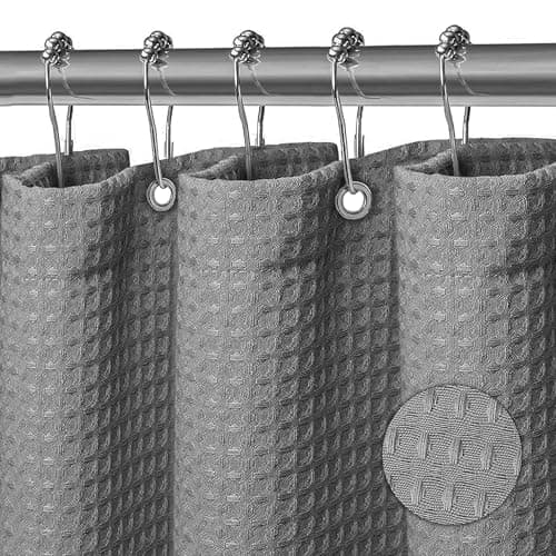 Image of KAIMEIYU Shower Curtain Polyester Bath Curtains Heavy Duty with 12 Metal Hooks Bathroom Curtain Washable Waterproof for Bathtub and Bathroom 180 x 180 cm Waffle Design Grey