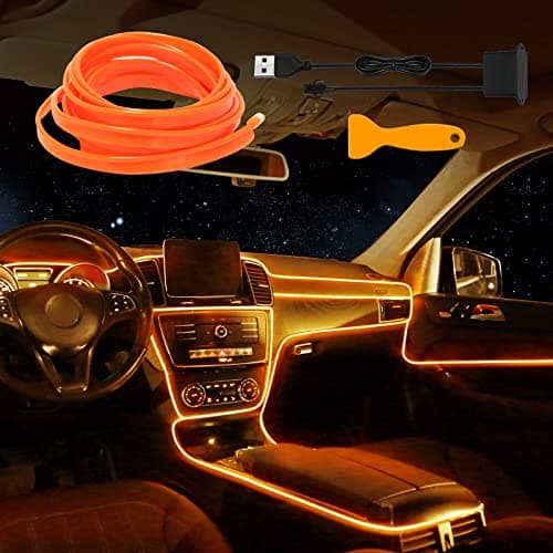 Image of EL Wire Car LED Interior Strip Light, USB Neon Wire Lights with 6mm Sewing Edge - 197 inches Glowing Electroluminescent (EL) Wire, Ambient Lighting Kit Car Decorations Interior (5M/16.5FT, Orange)