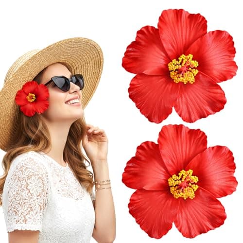 Image of 2Pcs Red Hawaiian Flower Hair Clips, Plumeria Hibiscus Flower Clips, Tropical Flower Hair Accessories for Tropical Beach Wedding Party Bridal Summer Vacation Seaside Events