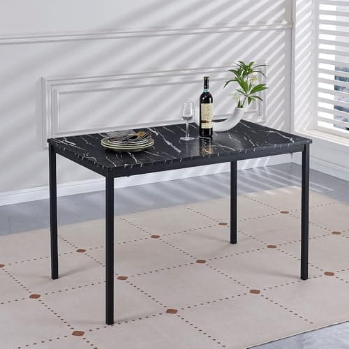 Image of DZOVAD Black Modern Dining Table, 120CM Kitchen Table Rectangle Marble Effect MDF Board Top with Metal Legs for Home, Living Room, Office and Café, 120 x 70 x 75 cm