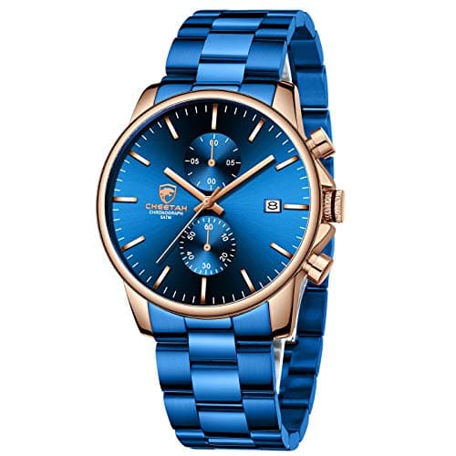 Image of GOLDEN HOUR Men's Watches with Blue-Plated Stainless Steel and Metal Casual Waterproof Chronograph Quartz Watch, Auto Date in Rose Gold Hands