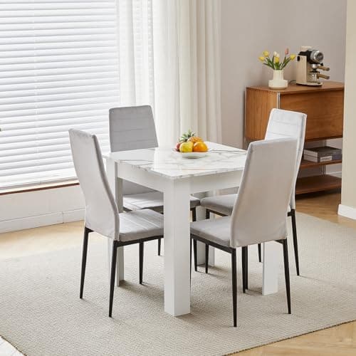 Image of 75x75 cm Small Dining Table and 4 Chairs, 4 Seater Table and Chairs Set Kitchen Dining Room Set for 4, Compact, Space Saving, Wooden, Glossing Tabletop Marble-White (4 Seats, Flannel Grey #1)