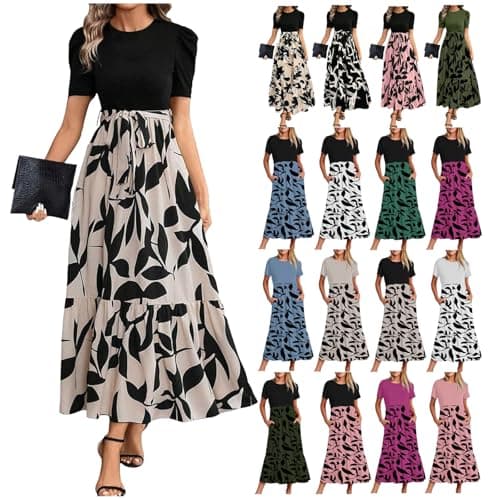 Image of Yinguo Maxi Dresses for Women UK,Summer Dresses for Women UK 2025 Elegant Boho Vacation Floral Tie Belted Patchwork Empire Waist Short Sleeve Modest Elegant Beach Flowy Maxi Dress
