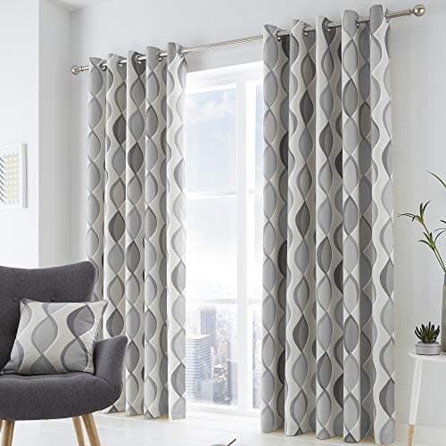 Image of Fusion Lennox 100% Cotton Eyelet Lined Curtains, Grey/Grey, 66 x 72 Inch, w168cm (66") x d183cm (72")