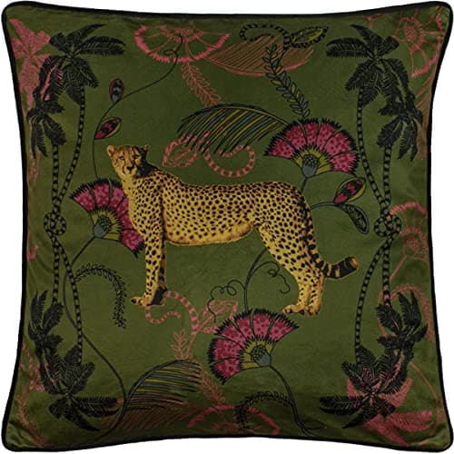 Image of Paoletti Cheetah Velvet Cushion Cover – Majestic Jungle Design with Piped Edge (Khaki - 45 x 45cm)