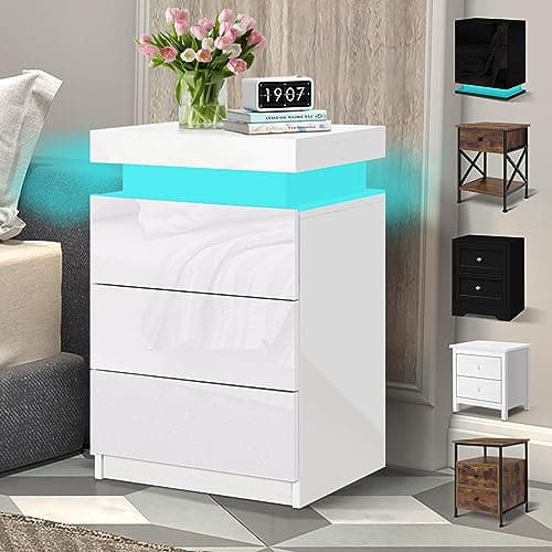 Image of ELFORDSON LED Bedside Table with 3 Drawers and 1 Top Drawer, Bedside Cabinet with 4-side High Gloss, 16 RGB LED Colours, Side Table Nightstand for Bedroom Living Room Home Furniture, White
