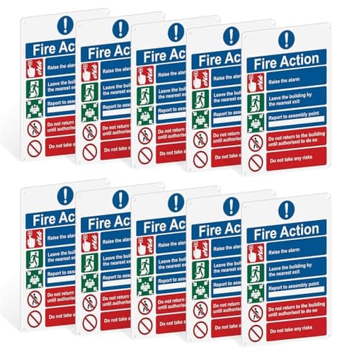 Image of 3/5/10pk Rigid Plastic 20x30cm Fire Action Notice Sign - Fire Exit Sign Self Adhesive Backing Sticker & Pre Drilled Holes - 1mm Thick Plastic Safety Evacuation Sign (10)