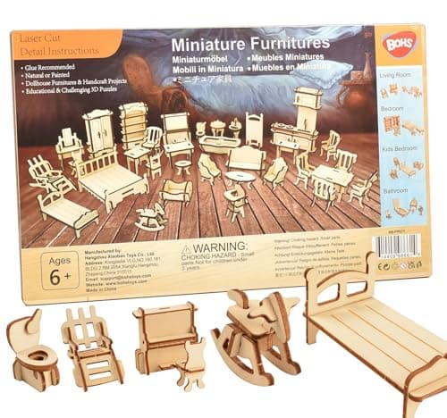 Image of BOHS 34-Piece Dollhouse Furniture Set - Laser Cut Wooden 3D Puzzles - Miniature Doll House DIY Models and Accessories