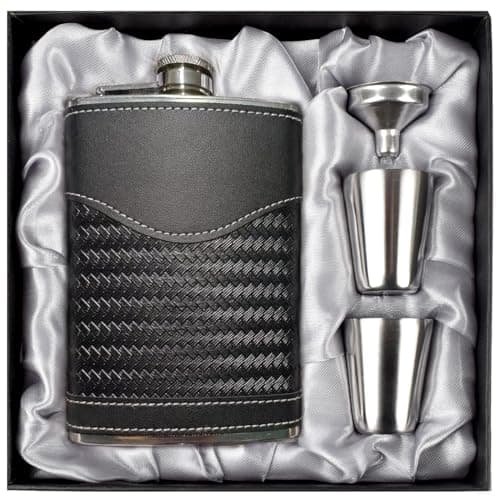 Image of LHD HOME Hip Flasks for Men Leather Hip Flask Gift Set,Hip Flask 304 Stainless Steel Flask Set w/Funnel Shot Glasses Gift for Whiskey Rum Groomsman Best Man Usher Wedding-Leather Stripe Black-8oz