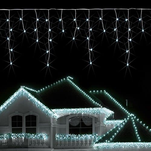 Image of JnDee Safe Voltage Fully Weatherproof Icicle Christmas Fairy Lights Cool White 400 LED 10M Wide 80 Drops, Massive 10M Lead Cable, 8 Modes, 8H Timer, Memory