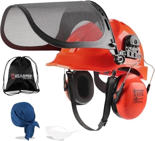 Image of HEARMOR Chainsaw Protective Helmet with Steel Mesh Visor and Hearing Protection for Landscapers and Forestry Workers - Includes Portable Bag and Cooling Helmet Liner