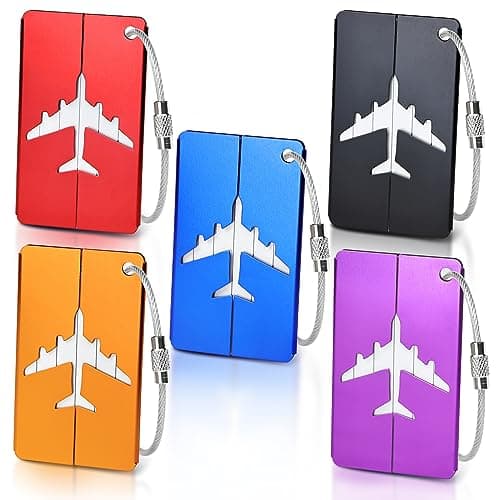 Image of MOXYOY 5-Piece Metal Luggage Tags Set,Durable Aluminium Travel Suitcase ID Tags with Stainless Steel Cable Ties & Waterproof PVC Cards