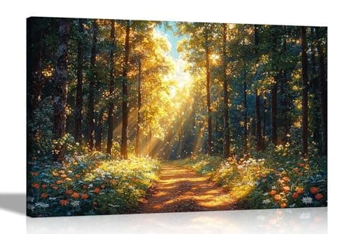 Image of Artley Prints - Sunshine Forest Summer Flowers Landscape Framed Canvas Wall Art Prints for Living Room Conservatory Hallway Pictures 40 x 30cm (16 x 12 inches) A3