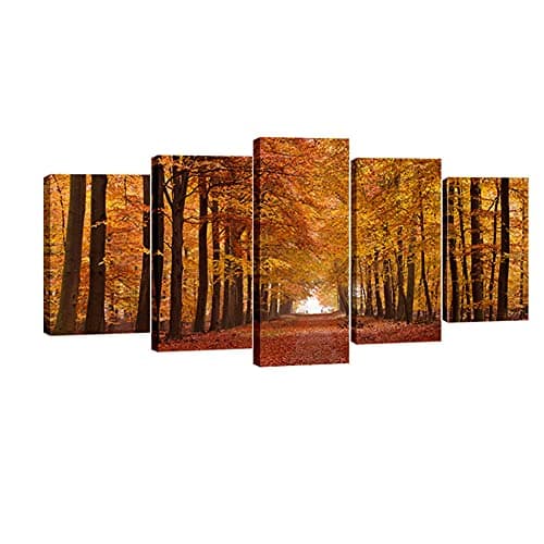 Image of Wieco Art Autumn Forest Modern Giclee Canvas Prints Landscape Artwork 5 Panels Canvas Wall Art for Home and office Decorations