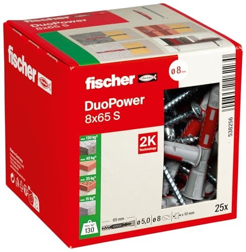 Image of Fischer DuoPower 8 x 65 S, Powerful Universal Plug with Safety Screw, Intelligent 2-Component Technology for fastenings in Concrete, Bricks, Stone, etc., 25 Plugs & 25 Screws