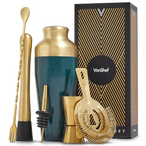 Image of VonShef Cocktail Shaker Set, Gold & Green 6pc Set with Parisian Cocktail Shaker, Bartender Kit w/ Strainer, Muddler, Jigger & More, Gift Box Included