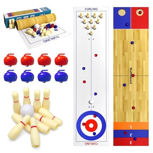 Image of 4 in 1 Tabletop Board Game Set, Shuffleboard Bowling Curling Cornhole Game, Tabletop Shuffleboard Bowling Curling Games, Interactive Tabletop Board Games Ideal for School, Home, Office, Party