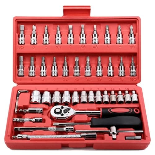 Image of Sliva 46 Pcs 1/4'' Drive Socket Wrench Set, Ratchet Wrench Set with 4-14mm Cr-V Sockets,Screwdriver Bits,Extension Bars for Car Bike Repair and Home Maintenance