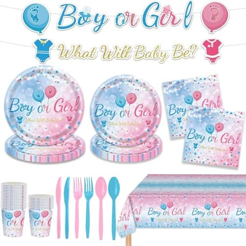 Image of Gender Reveal Themed Party Tableware Set, Boy or Girl Party Supplies, Baby Gender Reveal Paper Plates Cups Napkins Tablecloth Banner Partys Decoration for Baby Shower, Serves 24