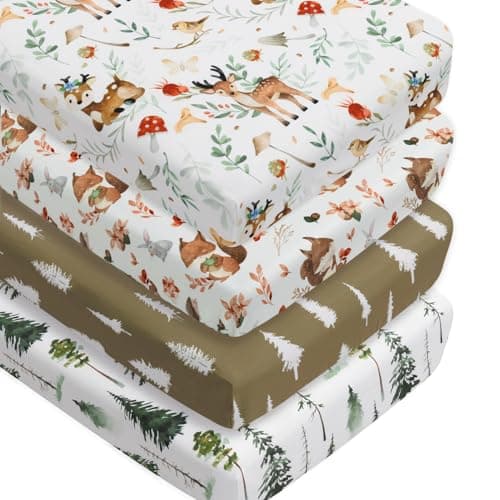 Image of Jola's House 4 Pack Woodland Forest Animals Wood Neutral Unisex Fitted Baby Crib Sheets Set for Baby Boys or Girls (Beer, 52 * 28)