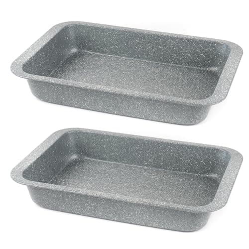 Image of Salter Marblestone Roasting Tin Set of 2 – 36cm Non-Stick Roasters, Lightweight Carbon Steel, Easy Wipe Clean, High Side Rectangular Roasting Trays, Oven Safe to 220°C, PFOA Free, Deep Baking Pan