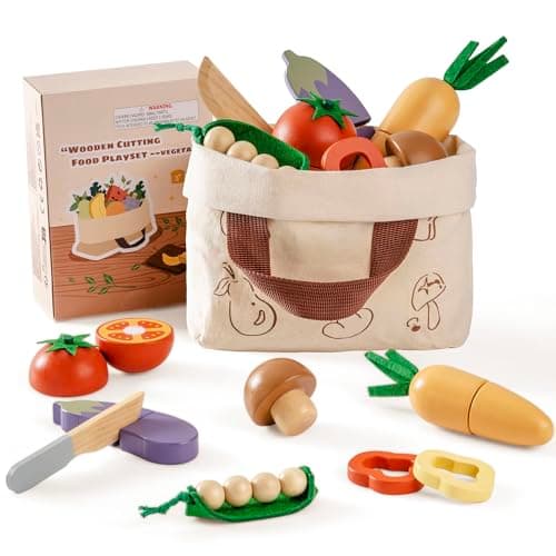 Image of ROBOTIME Wooden Play Food, Kids Kitchen Cutting Set, Toddler Realistic Pretend Play Food, Montessori Learning Toys for Children, Educational Role Play Gift for Boys Girls Age 3+, Vegetable Set