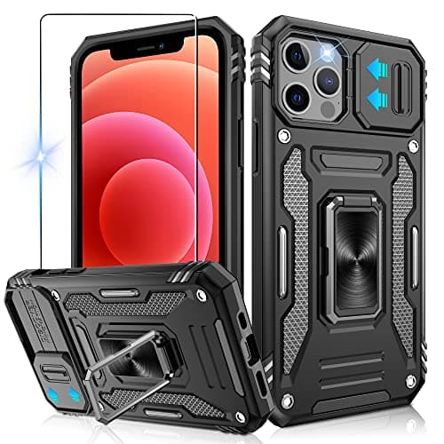 Image of Jshru for iPhone 12 Case with Screen Protector and Slide Camera Cover [Upgrade],Military Grade Shockproof,Ring Kickstand Phone Cover for iPhone 12/12 Pro,Black
