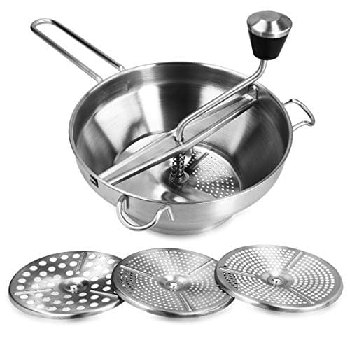 Image of Navaris Food Mill - 19cm Stainless Steel Rotary Food Mill Sieve Grater with 3 Grinding Discs - Vegetable Strainer Sauce Maker to Grind and Puree Food