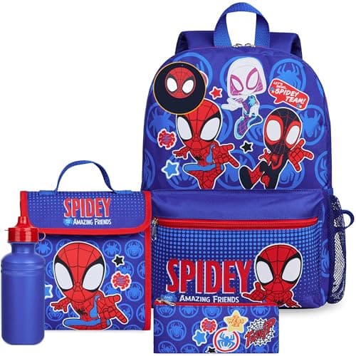 Image of Marvel Spiderman Backpack Set 4 Pcs Water Bottle Pencil Case Lunch Bag or Wallet Keyring Travel School School Supplies (Spidey)