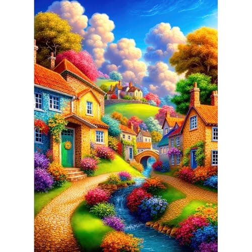 Image of 500 Piece Jigsaw Puzzle for Adults - Colorful Enchanted Village Fantasy Landscape Challenging 500pcs Adult Brain Teaser Whimsical Cottage Wall Decor Gift (Stream)