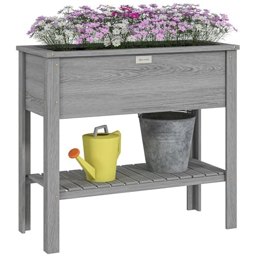Image of Outsunny Wooden Raised Garden Bed, Elevated Planter Box with Storage Shelf and Drainage Holes, Raised Planter with Legs for Flowers, Vegetables, Herbs, Grey
