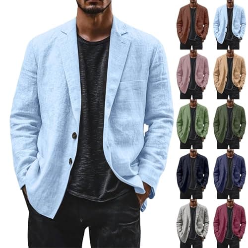 Image of Mens Lightweight Linen Jackets Casual Summer,Light Suit Jackets Men Linen, Casual Notch Lapel Collar Sports Coats Two Buttons Down Outwear Travel Clothing Vacation Lightweight Lounge Wear