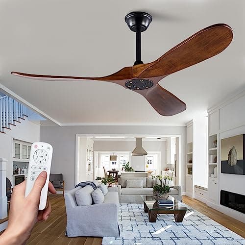 Image of OMYU 42 Inch Modern Wood Ceiling Fan, 3 Blades, Dark Walnut & Black, Remote Control, Reversible DC Motor, 6 Speeds, Timer Setting, Indoor/Outdoor