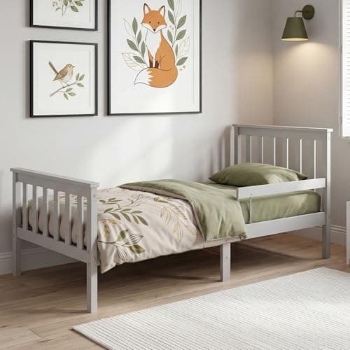 Image of Single Bed Frame with Guardrail, Panana Simple and Elegant 3ft Soild, Wooden for Children (Grey)