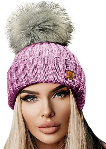 Image of 4sold 1976 4sodl Winter capc for Women UK Ladies Warm Chunky Rita Hats Cable Knit Beanie Hat with Faux Fur Pom Pom Bobble Made in EU Cap Slouchy Winter Hats for Women Pink
