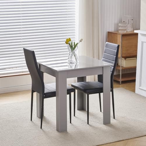 Image of Homullel 75x75 cm Small Dining Table and 2 Chairs, 2 Seater Table and Chairs Set Kitchen Dining Room Set for 2, Compact, Space Saving, Wooden, Glossing Tabletop Grey (2 Seats, Faux Leather Black #1)