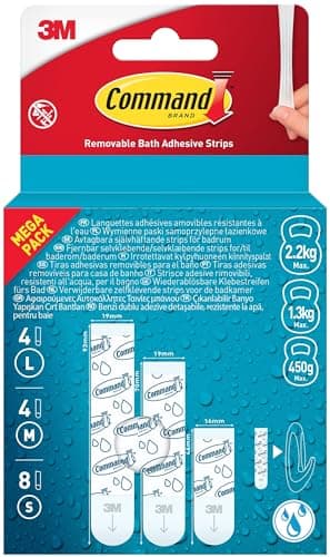 Image of Command Removable Bath Adhesive Strips, Pack of 8 Small, 4 Medium, 4 Large Strips, Water Resistant - Damage Free Hanging - No Tools Required