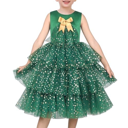 Image of Sunny Fashion Girls Dress Emerald Green Gold Bow Star Tiered Tulle Christmas Holiday Winter Size 7 Years