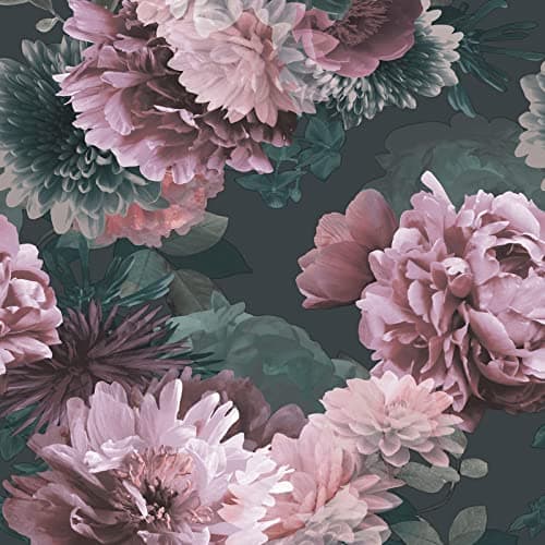 Image of Muriva Lipsy Issey Wallpaper - Modern Floral Living Room, Bedroom, Fireplace Decorative Luxury Nature Wall Paper with Blossoms of Peonies & Chrysanthemums (Pink, Green Grey), Green,grey,pink